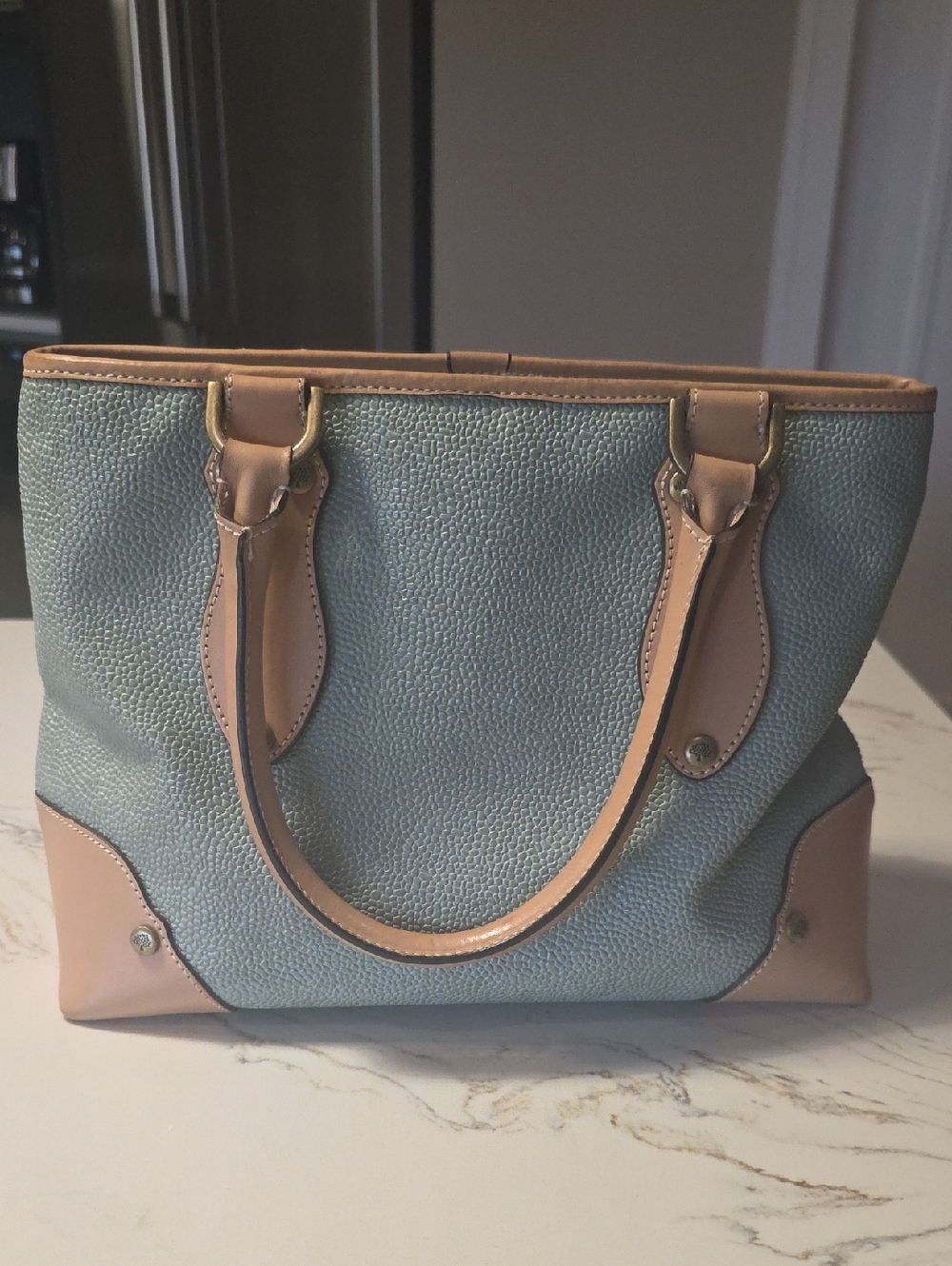 Vintage 90s? Light Teal Tan Mulberry Pebbled Leather Satchel Handle Bag